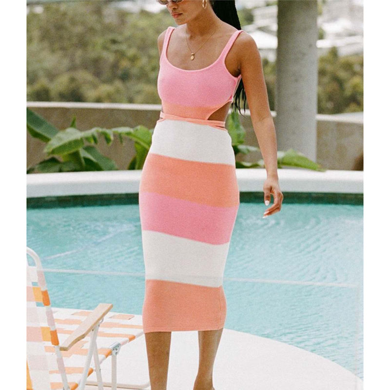 Pink Color Block Back Lace-up Knit Maxi Dress
