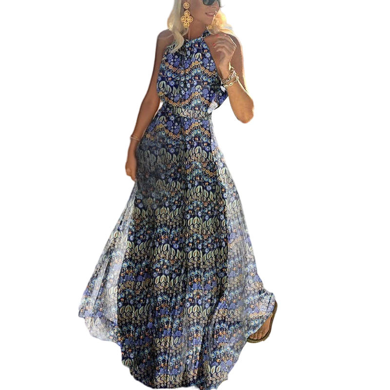 Blue Printed Sleeveless Chiffon Maxi Dress