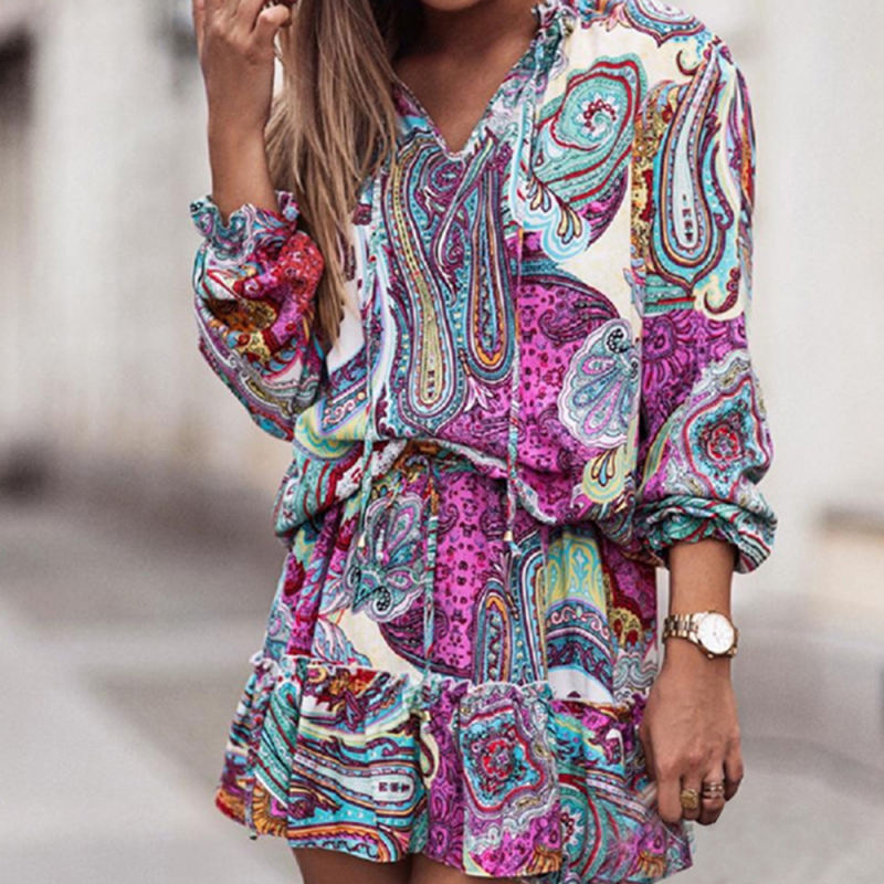 Multicolor  Ethnic Print Ruffle Detail Long Sleeve Dress