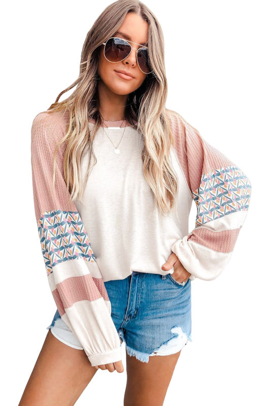 Multicolour Geometric Color Block Waffle Knit Long Sleeve Top