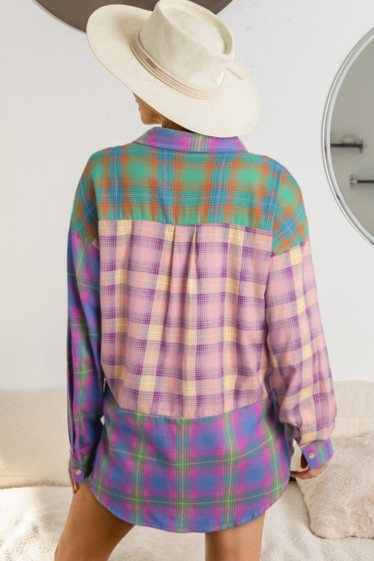 Purple Gradient Plaid Raw Hem Shirt