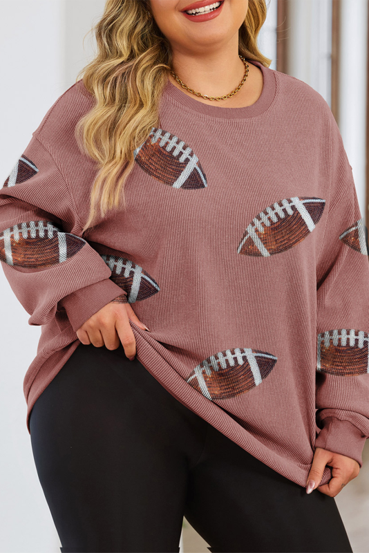 Pink Plus Size Rugby Graphic Ribbed Sweatshirt