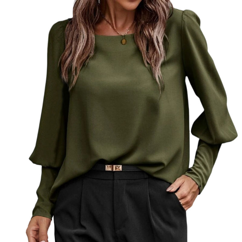Green Back Buttons Crew Neck Long Sleeve Tops
