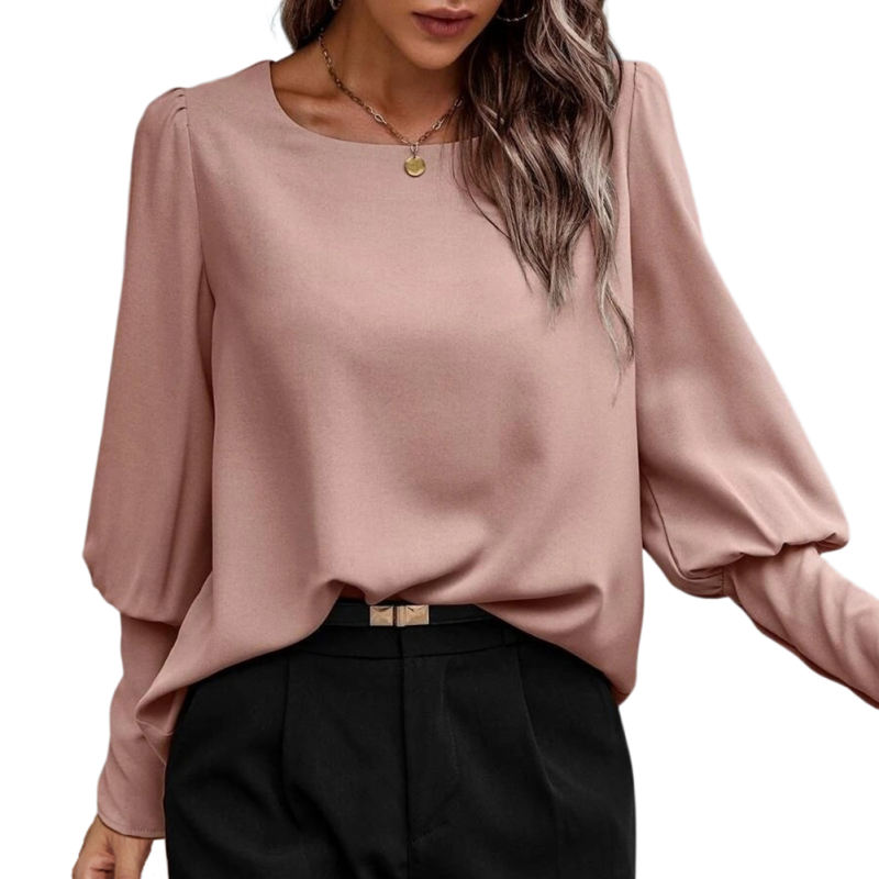 Pink Back Buttons Crew Neck Long Sleeve Tops