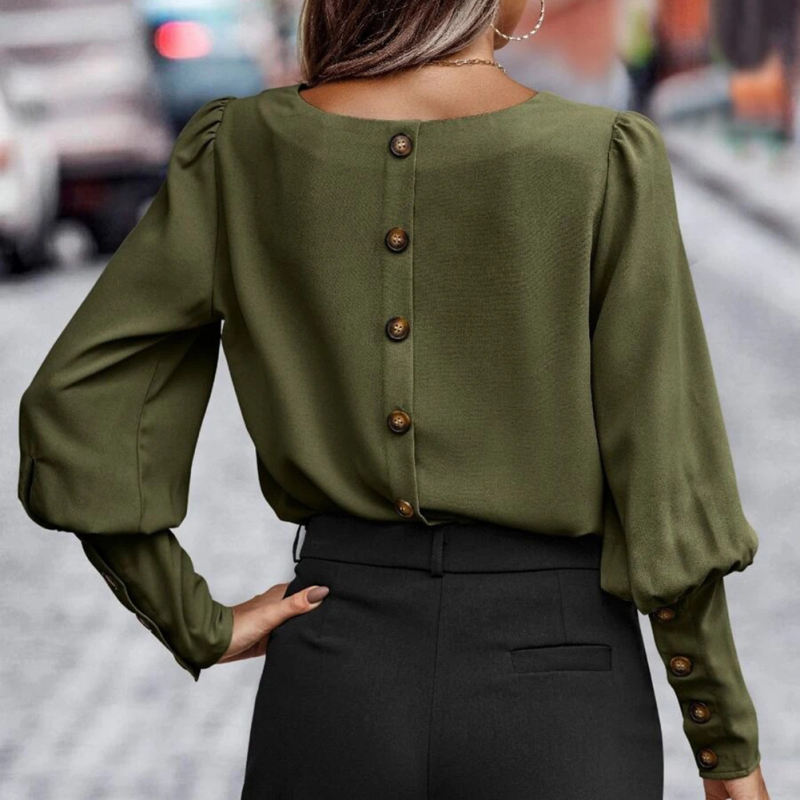 Green Back Buttons Crew Neck Long Sleeve Tops