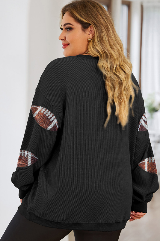 Black Plus Size Rugby Graphic Ribbed Sweatshirt