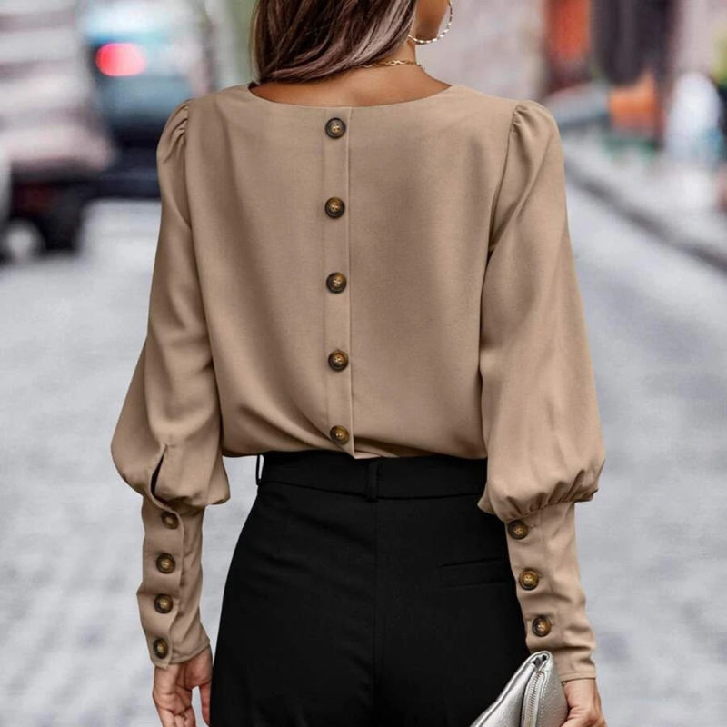 Brown Back Buttons Crew Neck Long Sleeve Tops