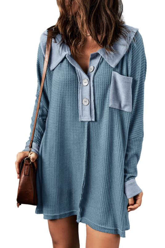 Sky Blue Waffle Knit Buttoned Long Sleeve Top