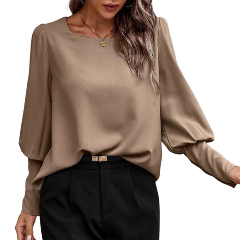Brown Back Buttons Crew Neck Long Sleeve Tops