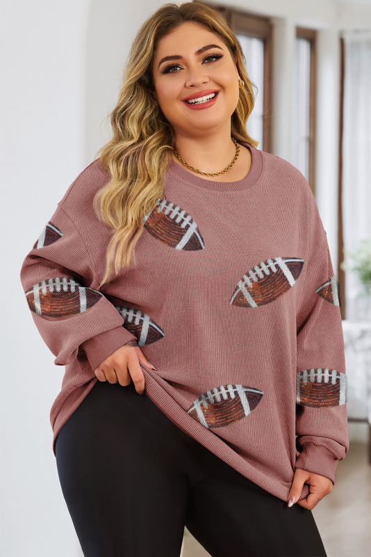 Pink Plus Size Rugby Graphic Ribbed Sweatshirt
