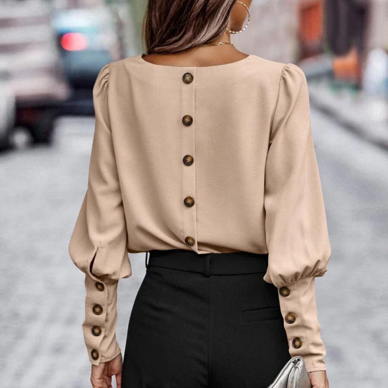 Apricot Back Buttons Crew Neck Long Sleeve Tops