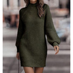 Dark Green Turtleneck Knit Sweater Dress