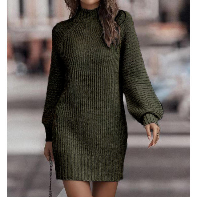 Dark Green Turtleneck Knit Sweater Dress