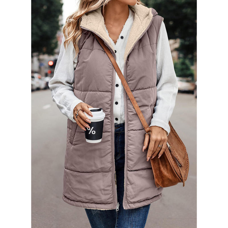 Light Coffee Full-zip Double-sided Hooded Vest Coat