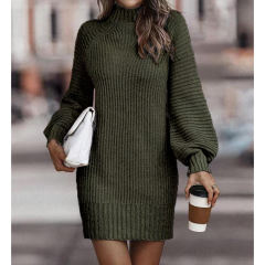 Dark Green Turtleneck Knit Sweater Dress