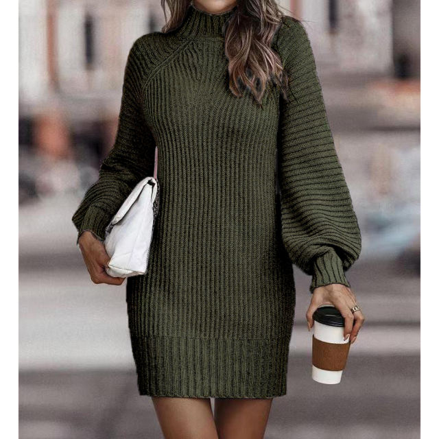 Dark Green Turtleneck Knit Sweater Dress