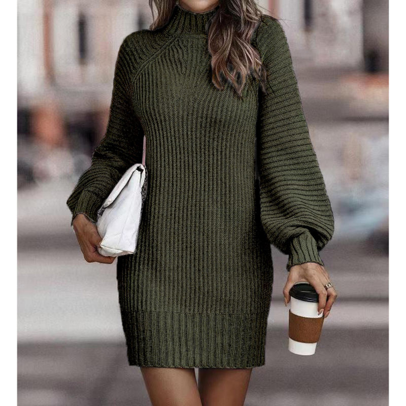 Dark Green Turtleneck Knit Sweater Dress