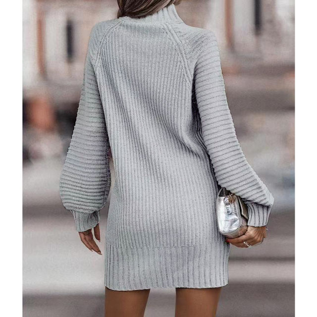 Grey Turtleneck Knit Sweater Dress