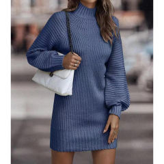 Blue Turtleneck Knit Sweater Dress