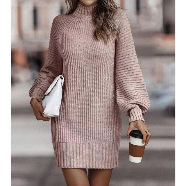 Pink Turtleneck Knit Sweater Dress