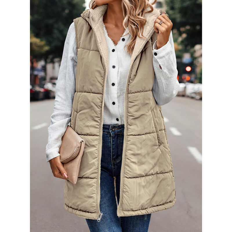Apricot Full-zip Double-sided Hooded Vest Coat