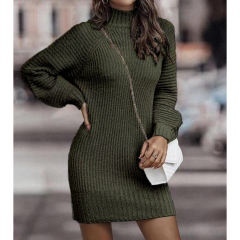 Dark Green Turtleneck Knit Sweater Dress