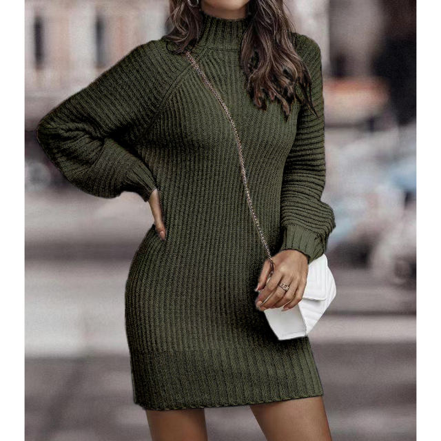Dark Green Turtleneck Knit Sweater Dress