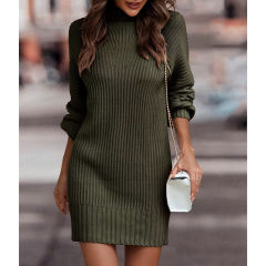 Dark Green Turtleneck Knit Sweater Dress