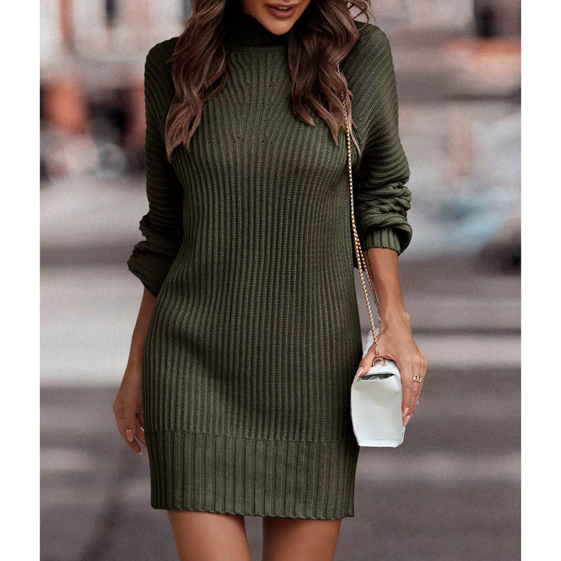 Dark Green Turtleneck Knit Sweater Dress
