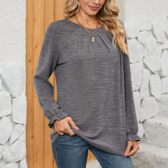 Grey Pleated Round Neck Long Sleeve Tops