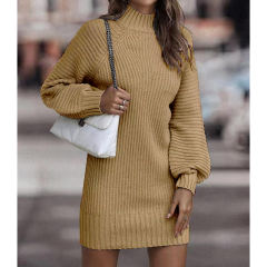 Khaki Turtleneck Knit Sweater Dress
