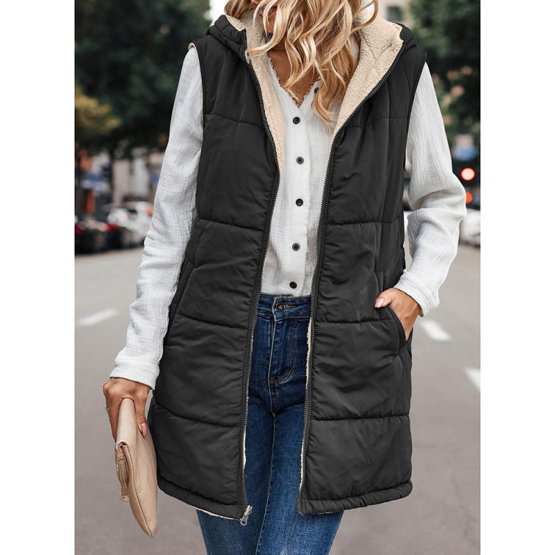 Black Full-zip Double-sided Hooded Vest Coat