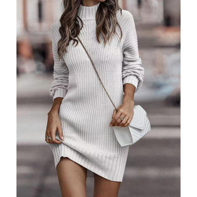 White Turtleneck Knit Sweater Dress