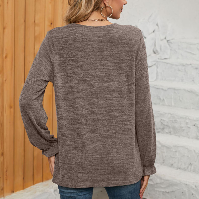 Brown Pleated Round Neck Long Sleeve Tops
