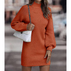 Orange Turtleneck Knit Sweater Dress