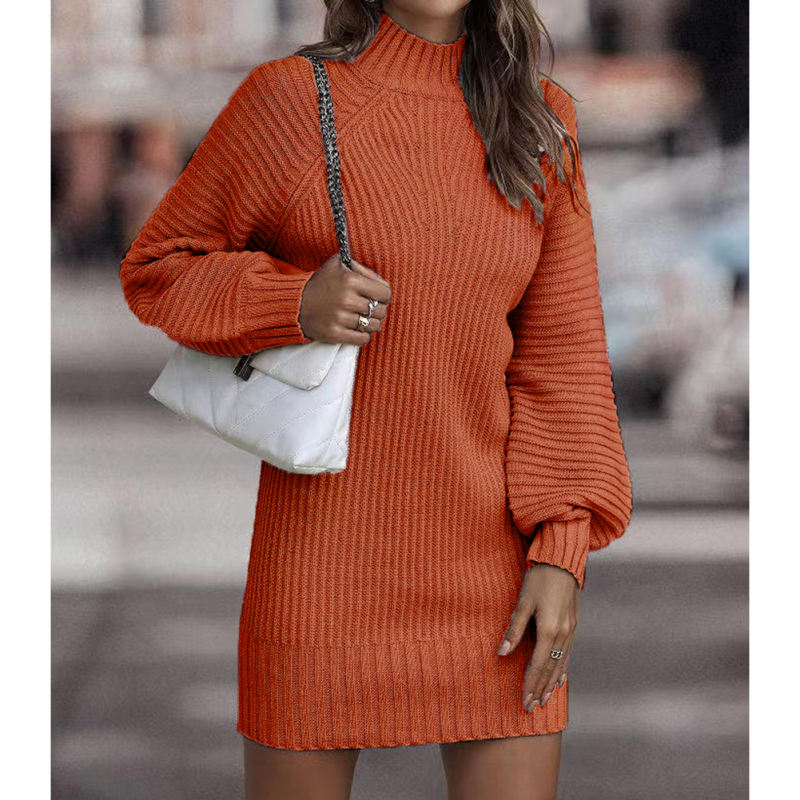 Orange Turtleneck Knit Sweater Dress