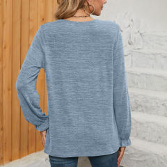 Light Blue Pleated Round Neck Long Sleeve Tops