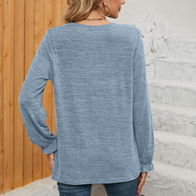Light Blue Pleated Round Neck Long Sleeve Tops
