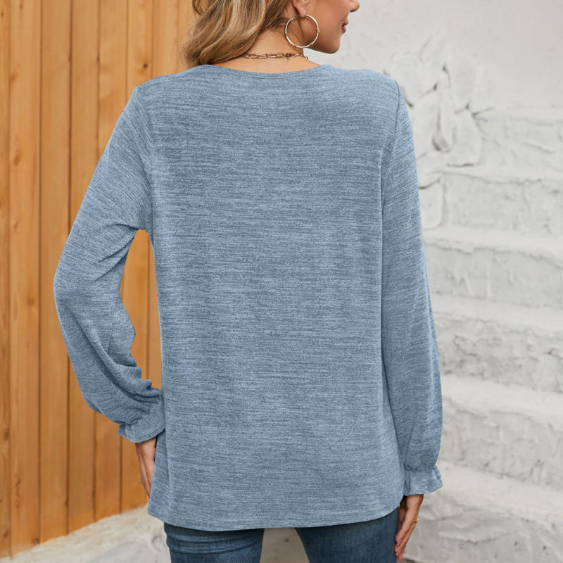 Light Blue Pleated Round Neck Long Sleeve Tops