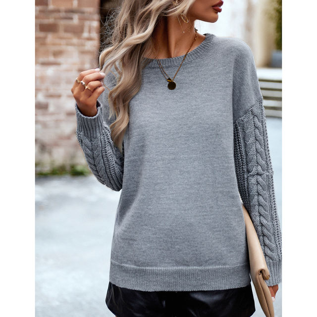 Grey Round Neck Drop Shoulder Knit Sweater