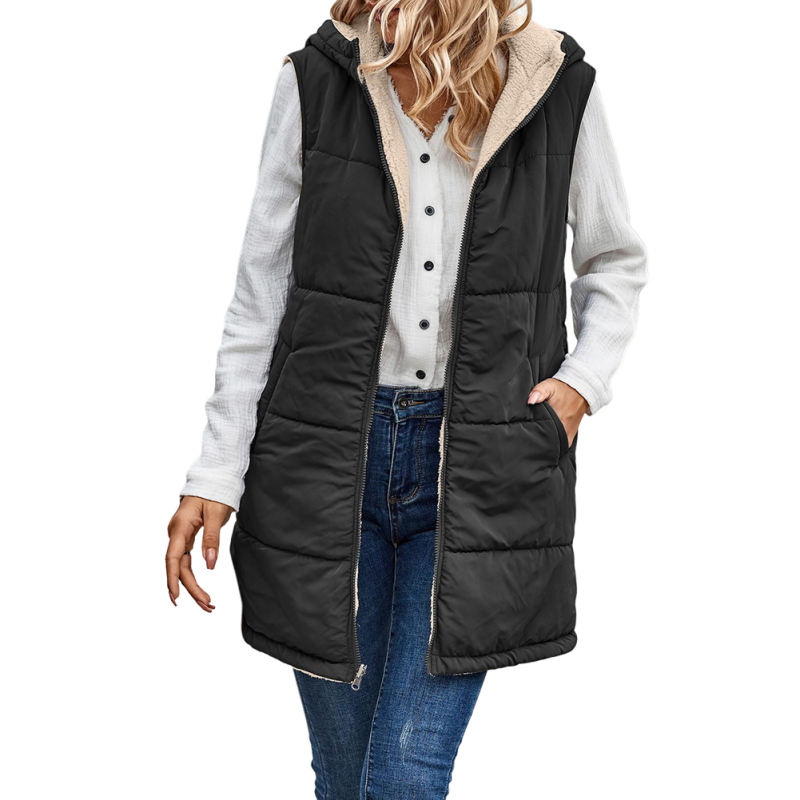 Black Full-zip Double-sided Hooded Vest Coat