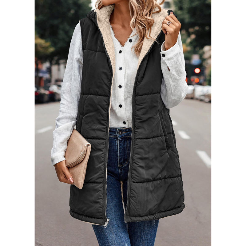Black Full-zip Double-sided Hooded Vest Coat