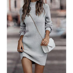 Grey Turtleneck Knit Sweater Dress