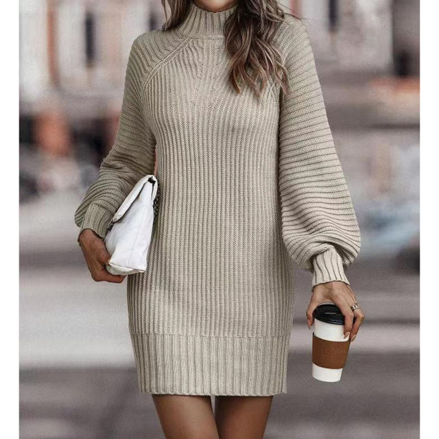 Apricot Turtleneck Knit Sweater Dress
