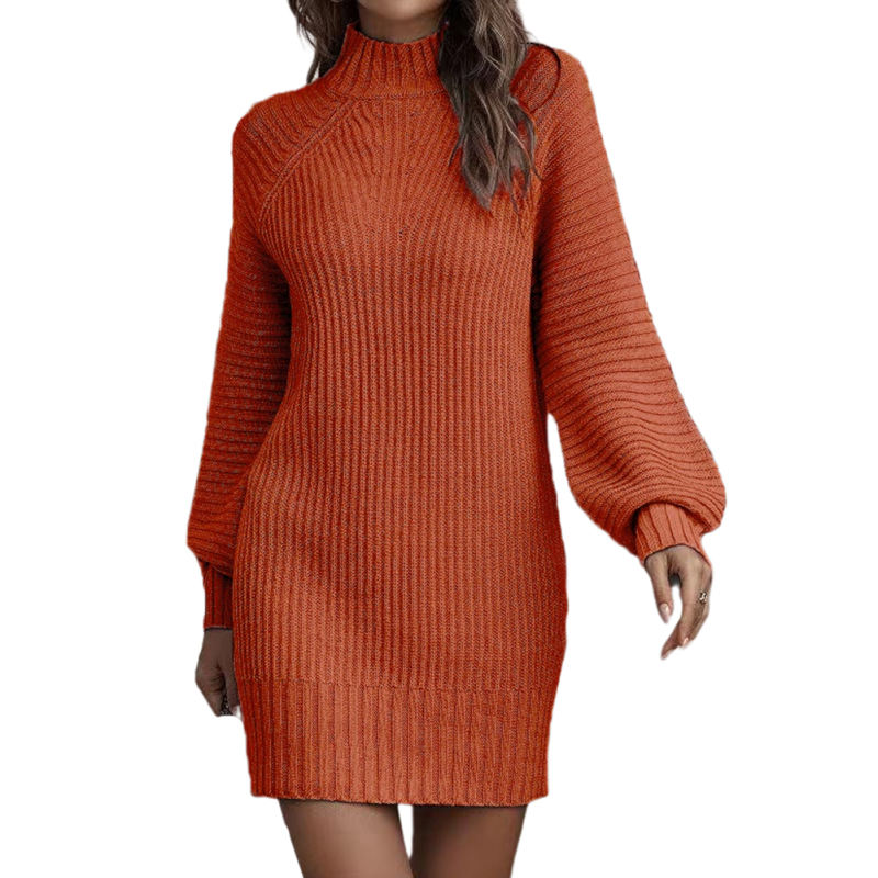 Orange Turtleneck Knit Sweater Dress