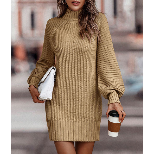 Khaki Turtleneck Knit Sweater Dress