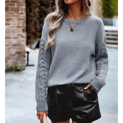 Grey Round Neck Drop Shoulder Knit Sweater