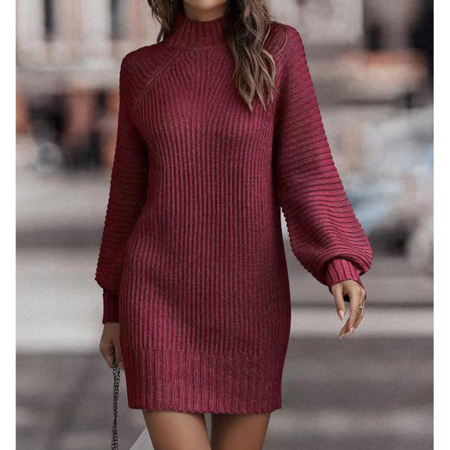 Wine Red Turtleneck Knit Sweater Dress