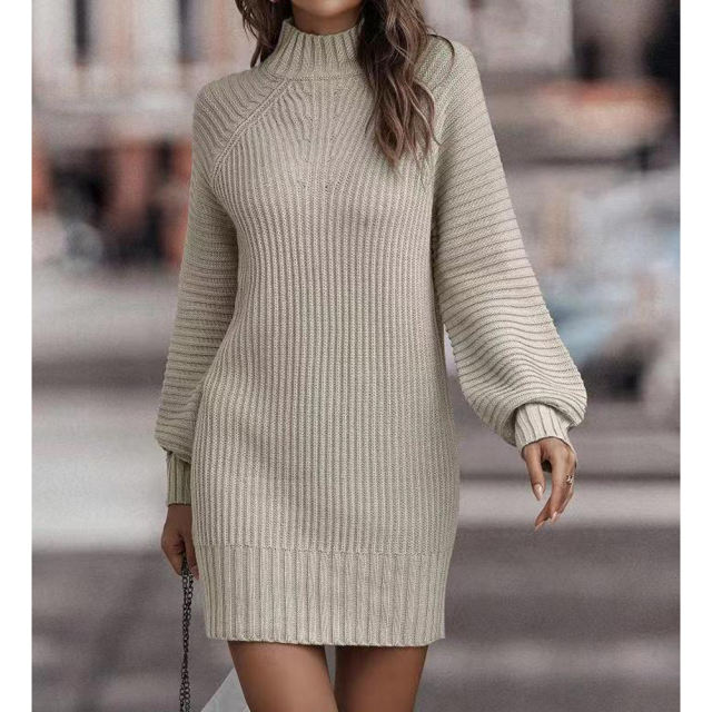 Apricot Turtleneck Knit Sweater Dress