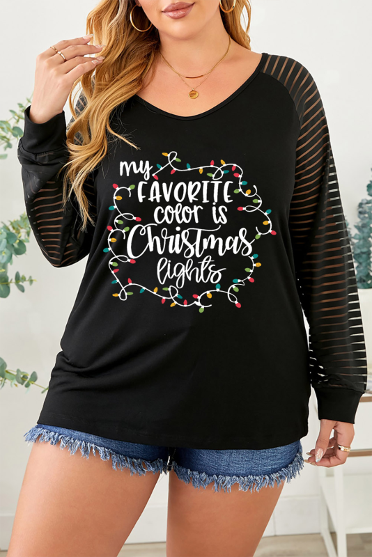 Black Christmas Lights Graphic Sheer Striped Sleeve Plus Top